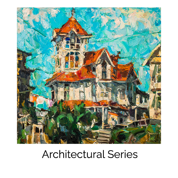 Ron Blumberg Architectural Series image featuring a painting of a historic house with red roofs and expressive modernist brushwork.