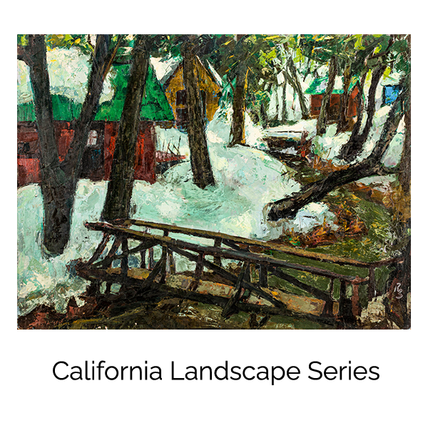 Ron Blumberg California Landscape Series image showing a wooded winter landscape with trees, snow, and a rustic fence.