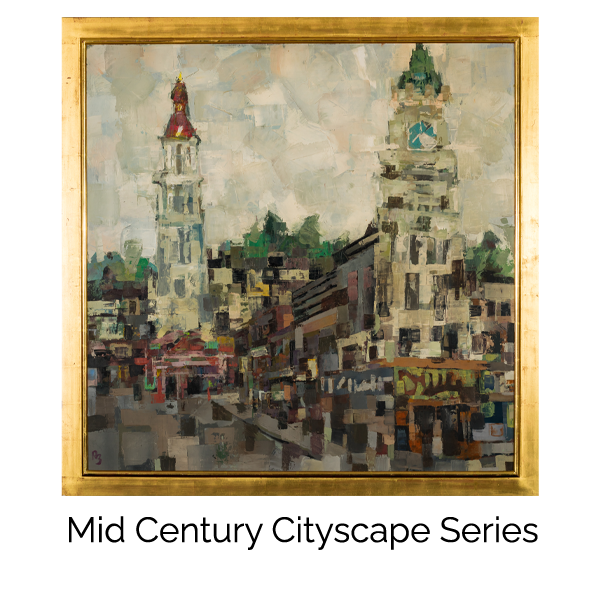 Ron Blumberg Mid Century Cityscape Series image featuring a framed urban painting with city buildings and street architecture.